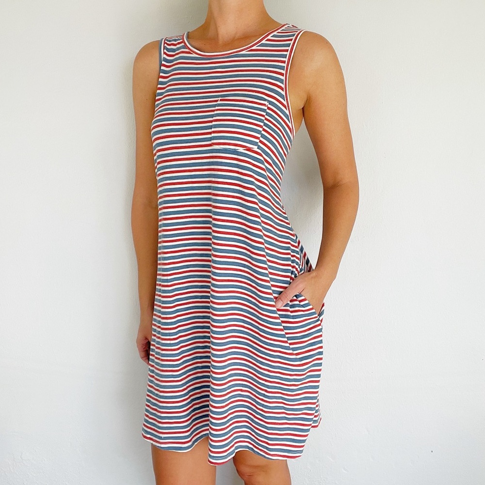 Sonoma red blue stripe sleeveless cotton pocket shift dress size medium